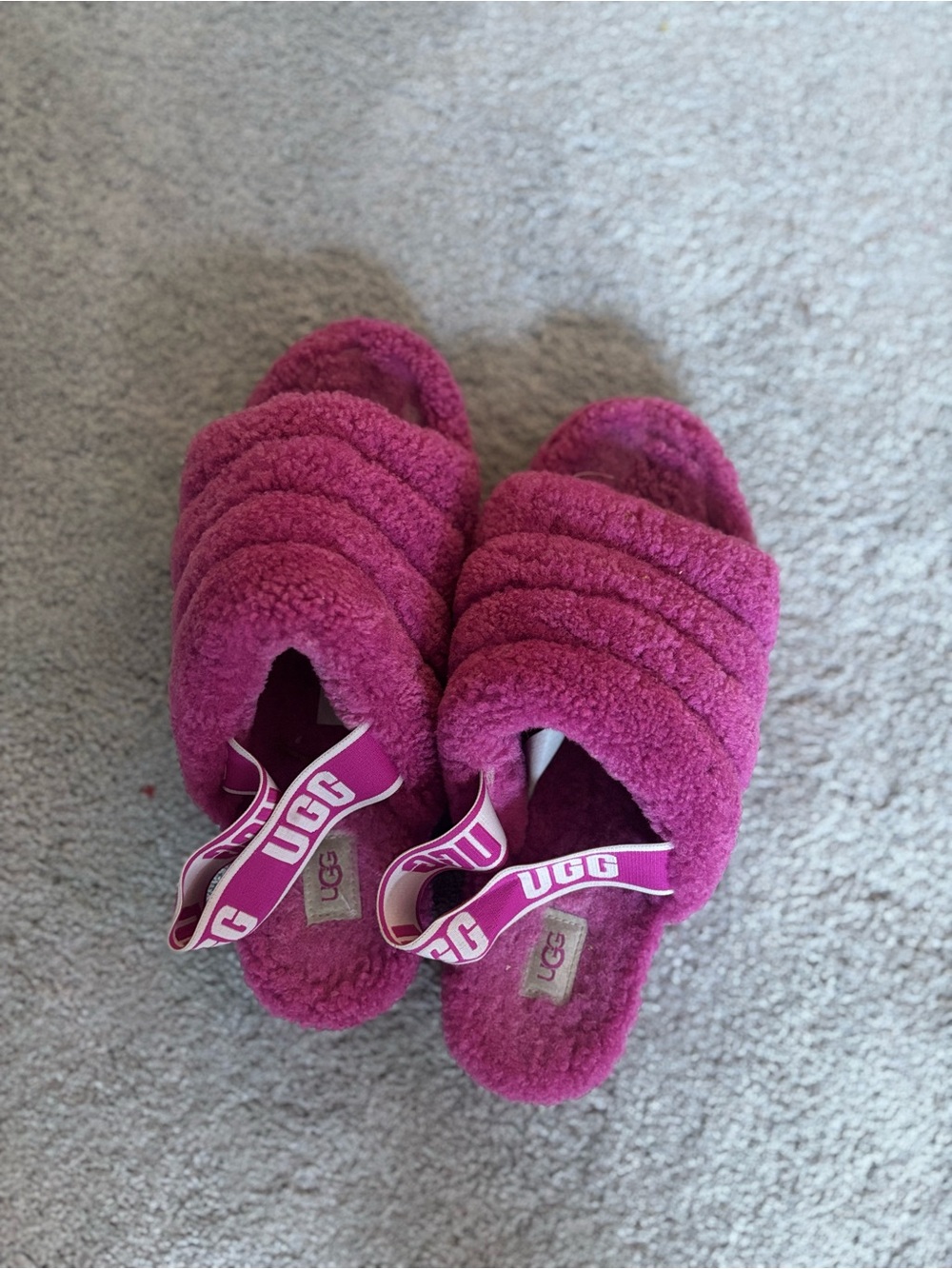 UGG Magenta Plush Slide Sandals with Branded Heel Strap